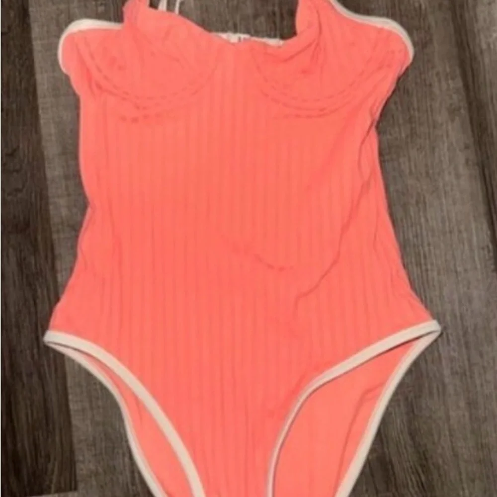 Aerie Wide Rib Underwire One Piece Swimsuit in Coral Crush  NEW - Picture 3 of 4